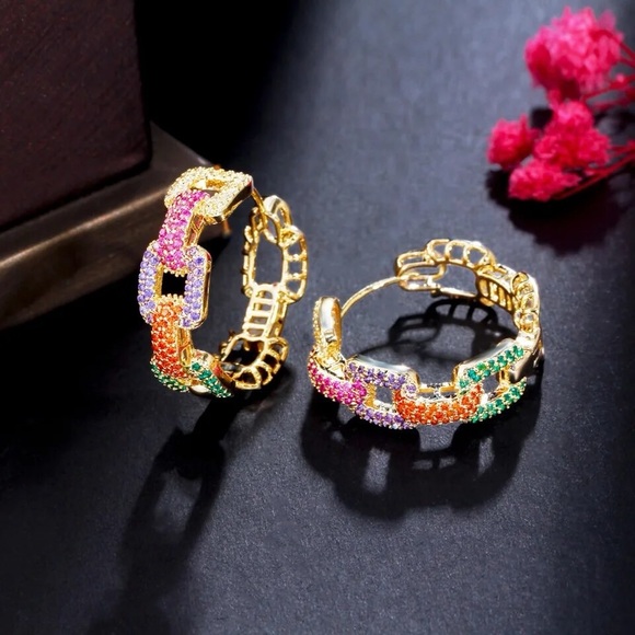 Multi Colored CZ Chain Link Gold Hoop Earrings - Picture 6 of 6